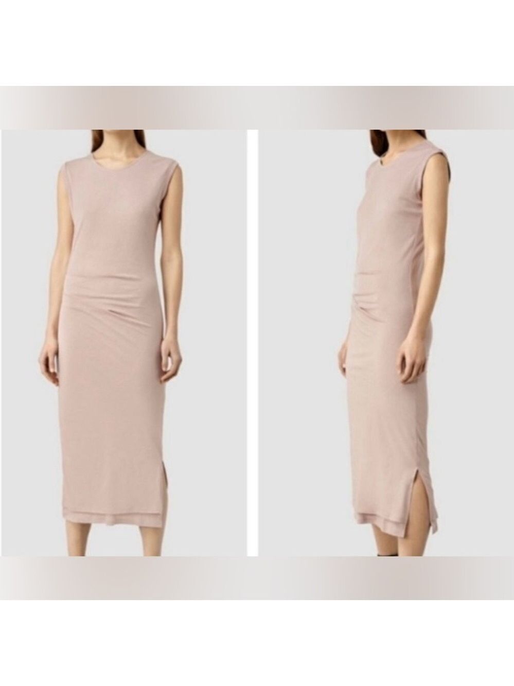 410. All Saints Gamma Sleeveless Midi Dress In Soft Nude W/ Side Ruches